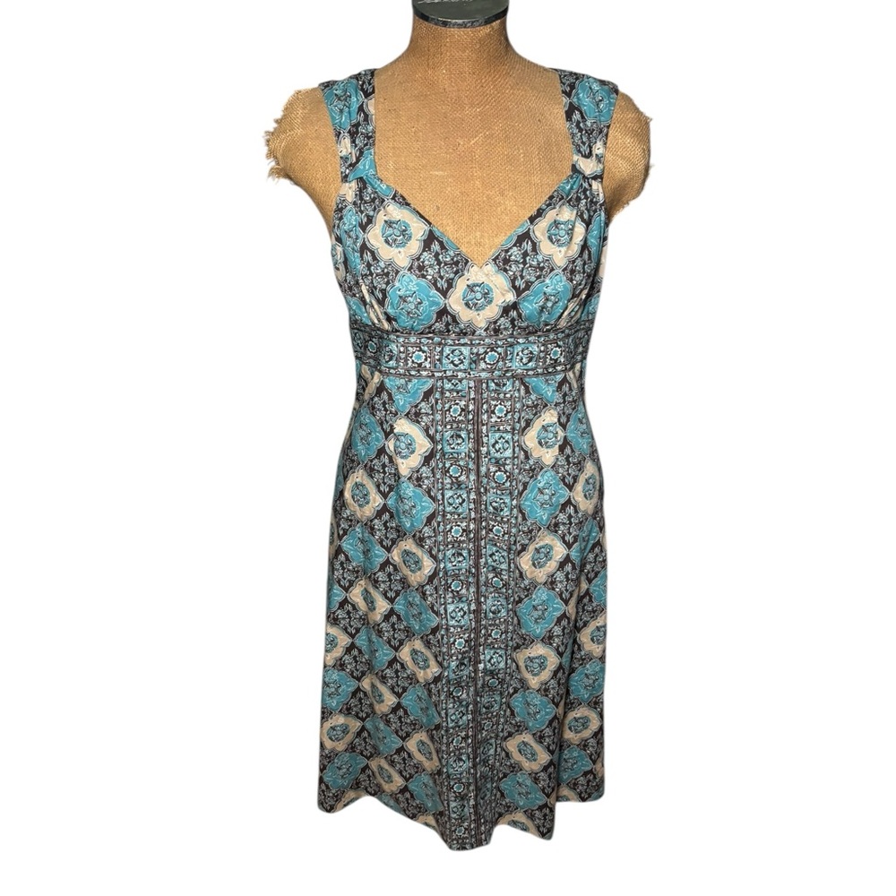 Anne Taylor Loft Elegant Blue, Brown, and Cream Patterned Dress Size 10